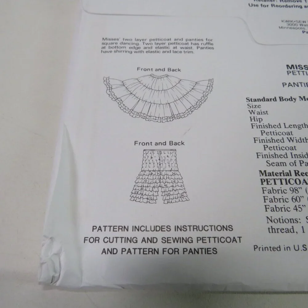 Kwik Sew 1481 Clothing Pattern DANCE petticoat, underskirt & panties UNCUT
